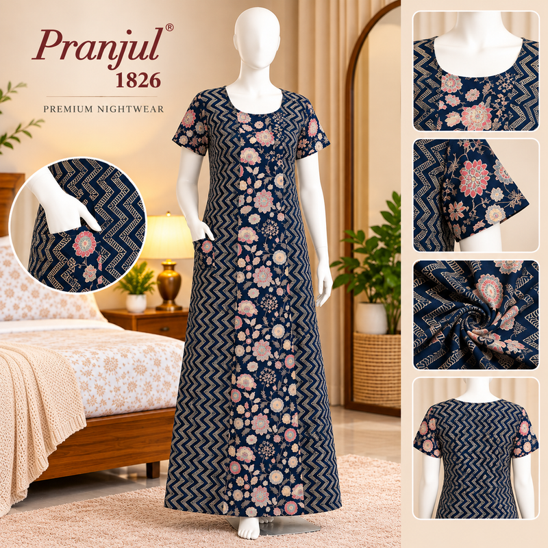 Pranjul 1826 Navy Blue Floral Printed Cotton Nighty for Women – Full Length Nightgown