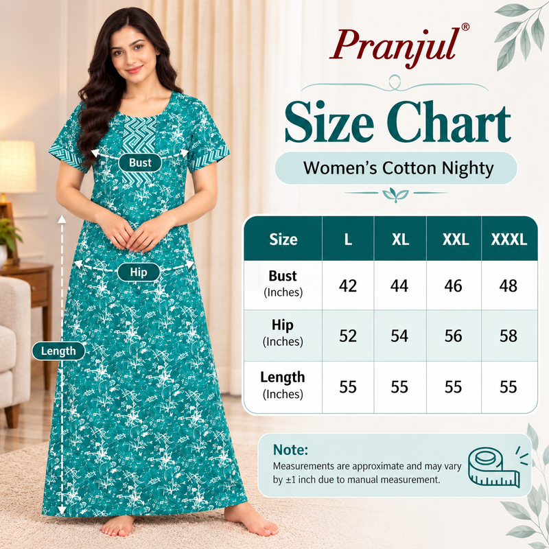 Pranjul 1804 Teal Floral Printed Cotton Nighty for Women