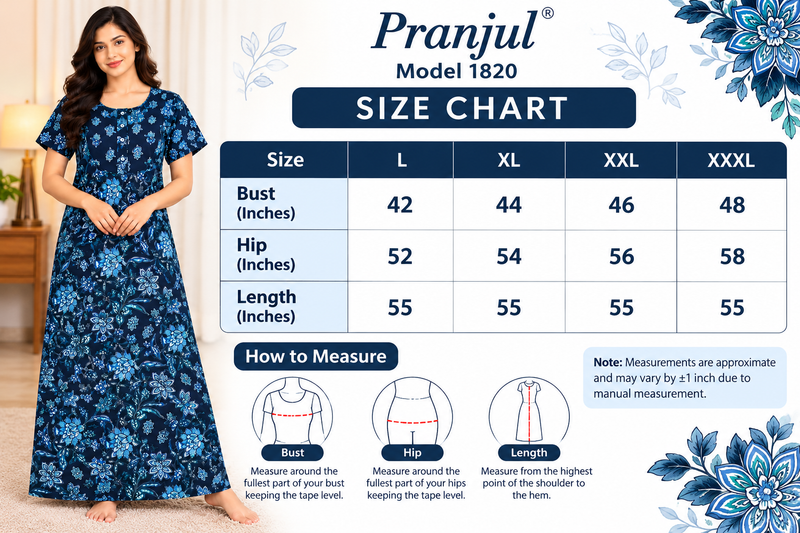 Pranjul 1820 Navy Blue Floral Printed Cotton Nighty for Women