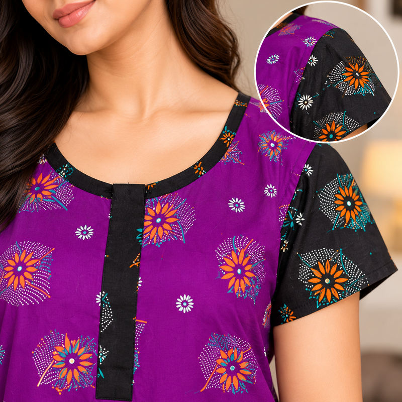 Veni’s Purple Floral Cotton Frock Nighty for Women with Zip