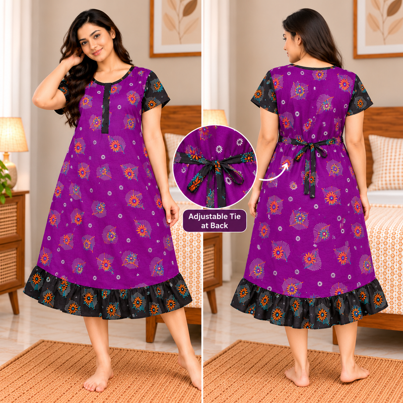 Veni’s Purple Floral Cotton Frock Nighty for Women with Zip