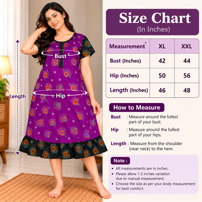 Veni’s Purple Floral Cotton Frock Nighty for Women with Zip