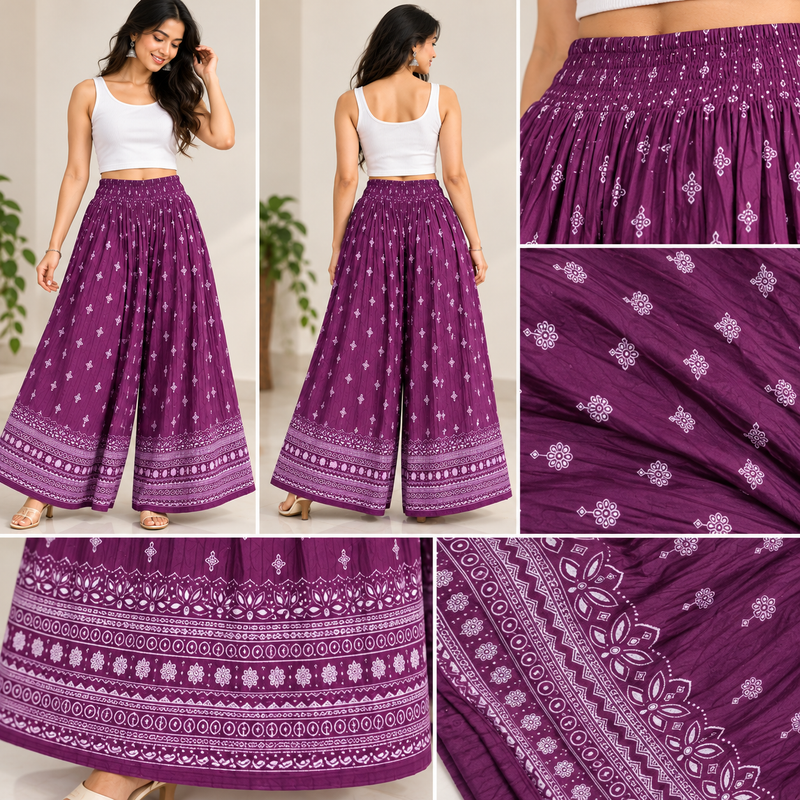 Close-up of purple palazzo pants with white motifs and decorative hem
