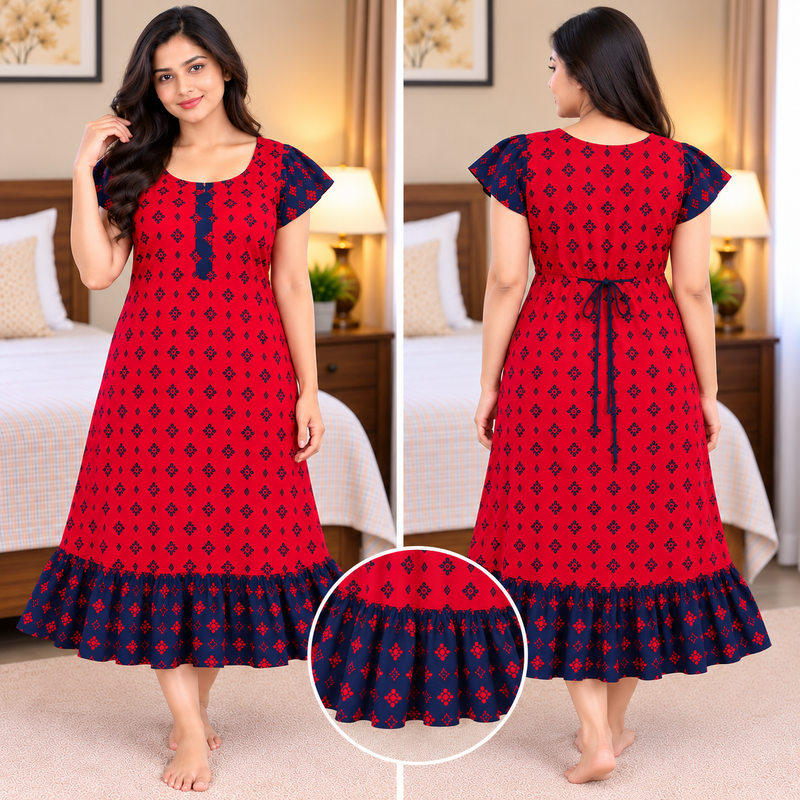 Luxmi Red & Navy Printed Mid-Length Frock Nighty for Women