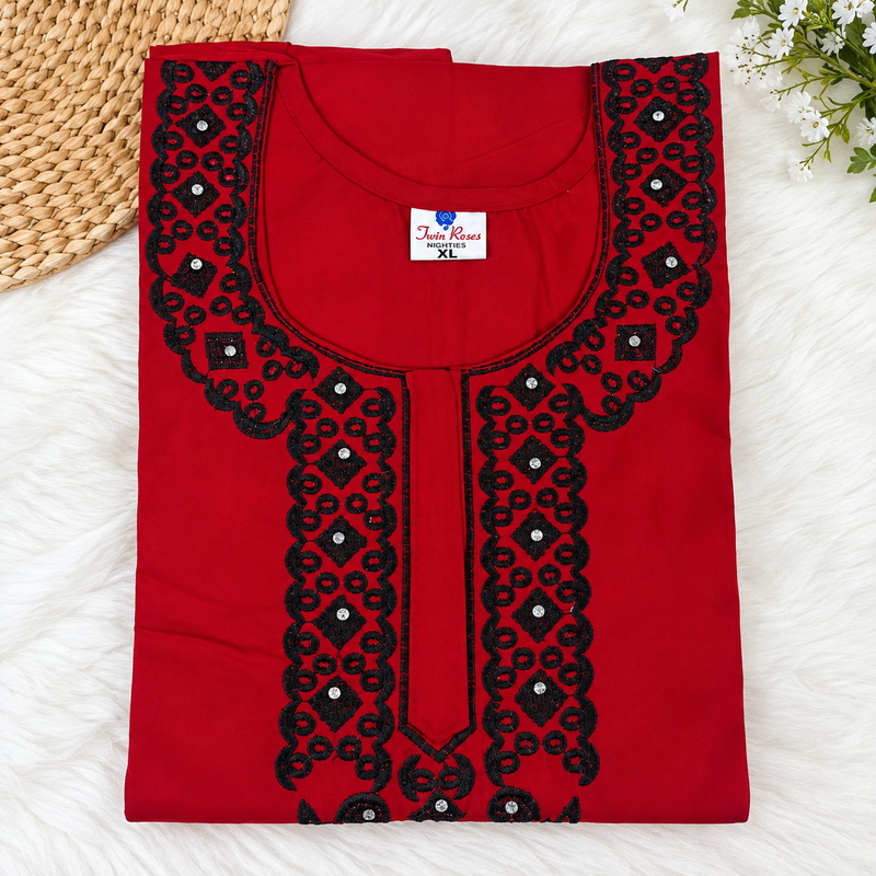 Women’s Red Nighty with Black Embroidered Neckline & One Side Pocket