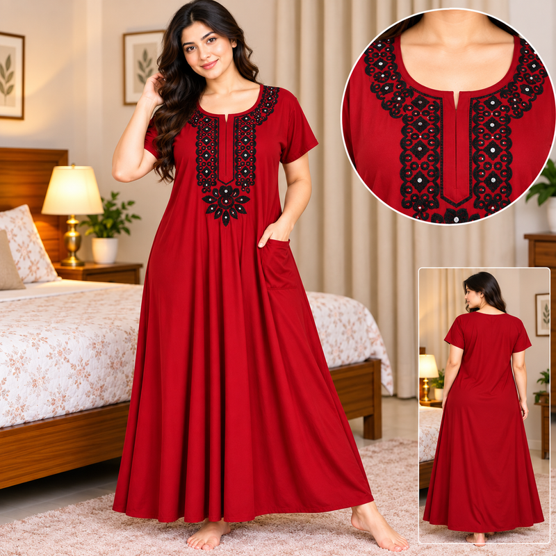 Women’s Red Nighty with Black Embroidered Neckline & One Side Pocket