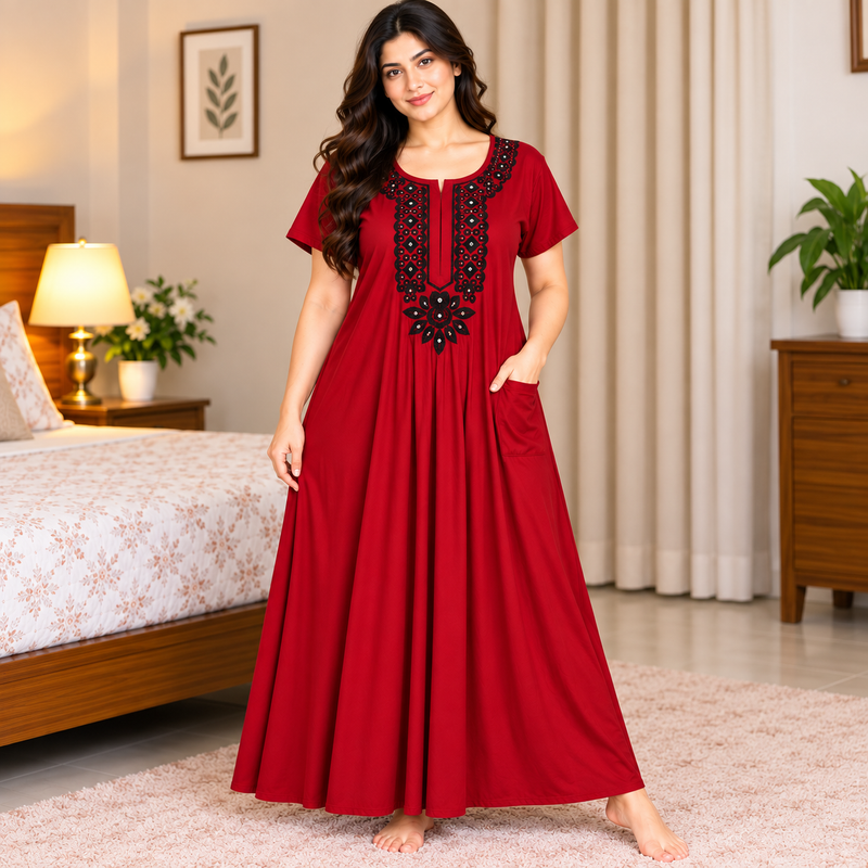 Women’s Red Nighty with Black Embroidered Neckline & One Side Pocket