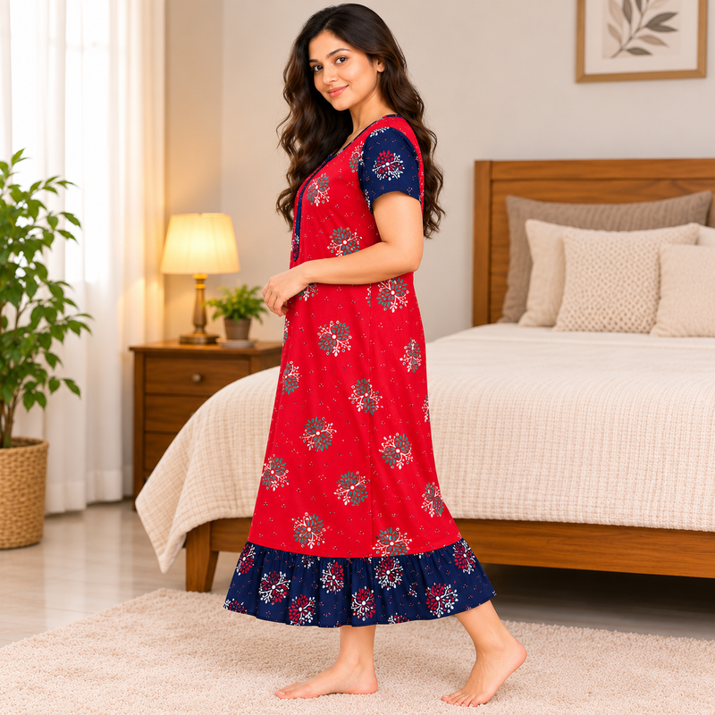 Veni’s Red Floral Cotton Frock Nighty for Women-Side view