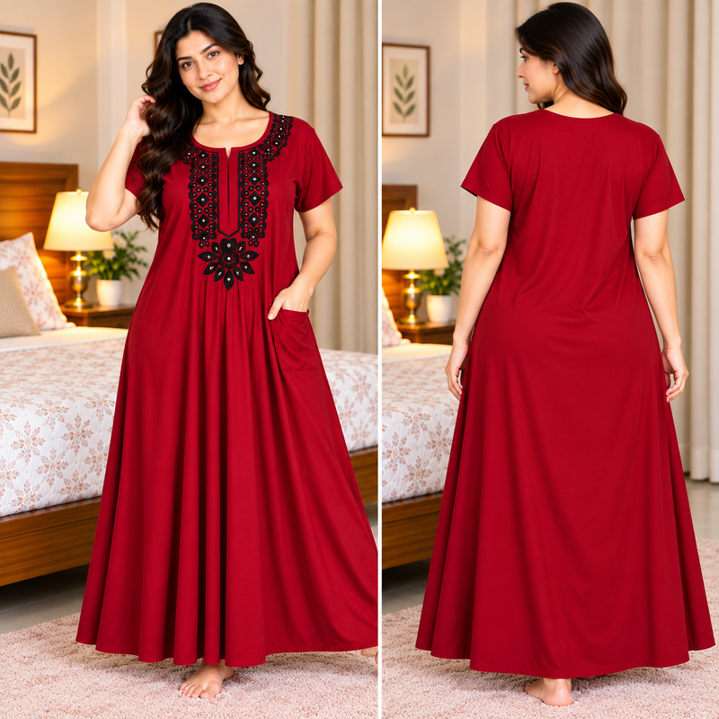 Women’s Red Nighty with Black Embroidered Neckline & One Side Pocket