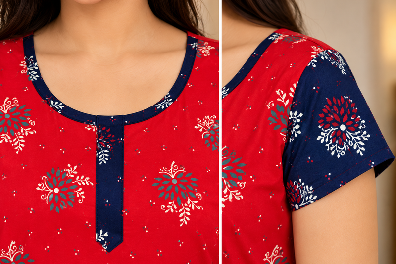 Veni’s Red Floral Cotton Frock Nighty for Women-Contract Color