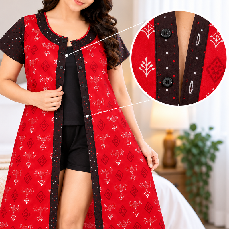 Yoga Red Printed Cotton Full Open Nighty for Women