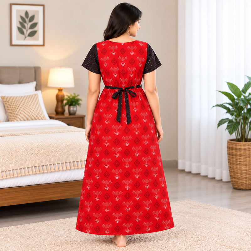 Yoga Red Printed Cotton Full Open Nighty for Women