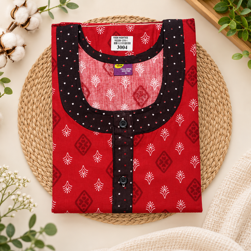 Yoga Red Printed Cotton Full Open Nighty for Women