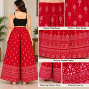 Women's Red Printed Palazzo Pants with Elastic Waistband-features