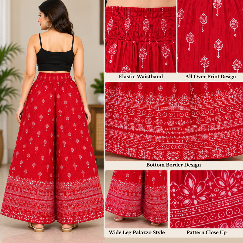 Women's Red Printed Palazzo Pants with Elastic Waistband-features