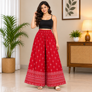 Women's Red Printed Palazzo Pants with Elastic Waistband-Front view