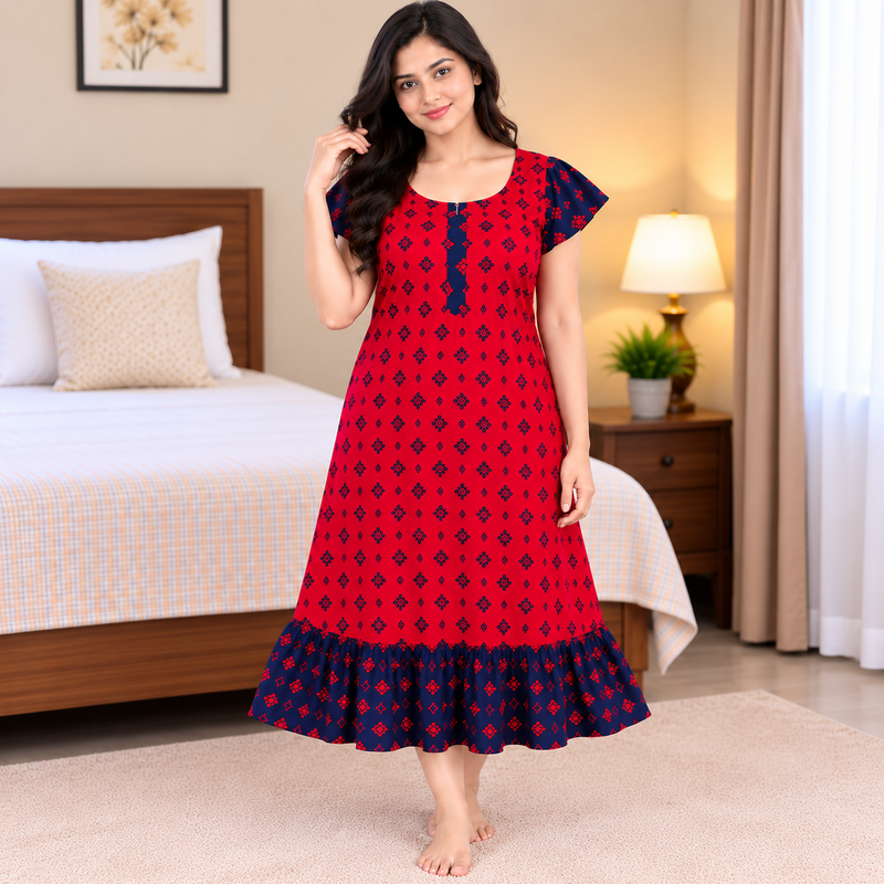 Luxmi Red & Navy Printed Mid-Length Frock Nighty for Women