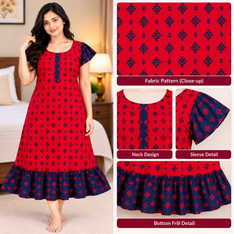 Luxmi Red & Navy Printed Mid-Length Frock Nighty for Women