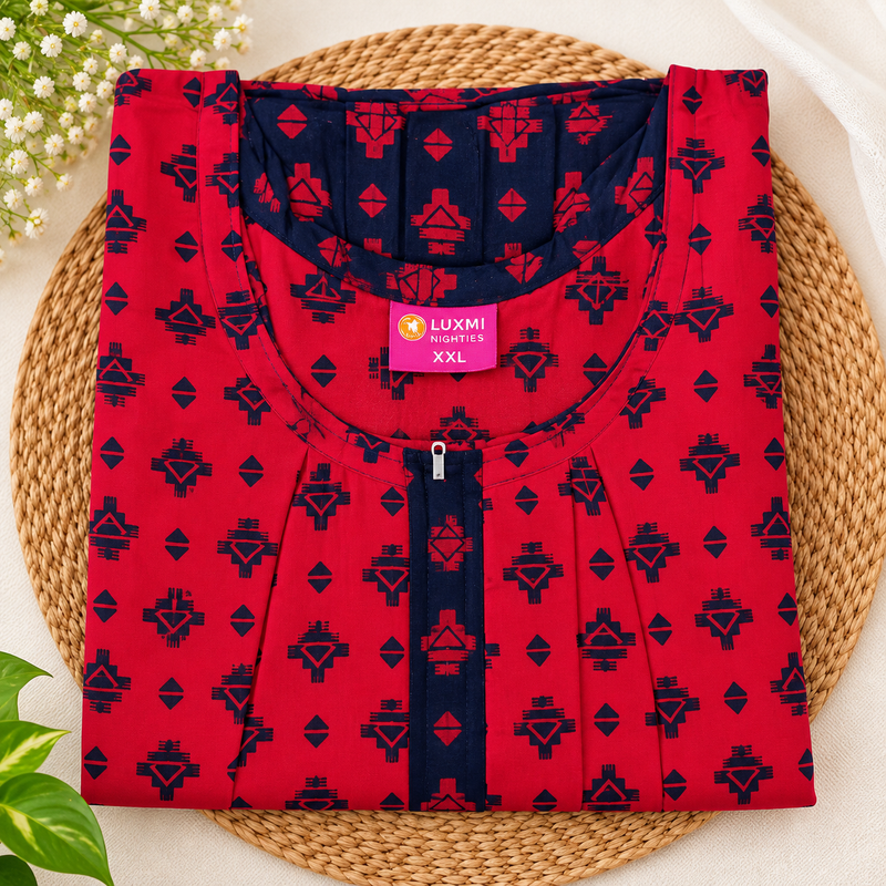 Luxmi Red & Navy Printed Mid-Length Frock Nighty for Women