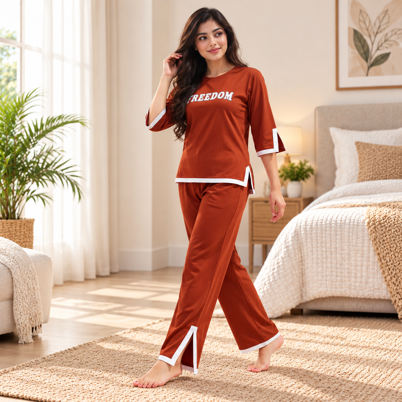 Women's Rust Red Printed Night Suit Set with White Piping