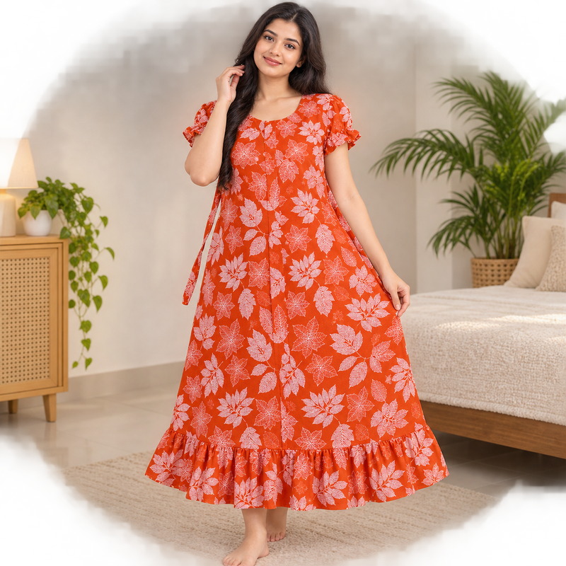 Vanitha Women's Cotton Floral Printed Frock Nighty – Rust Orange