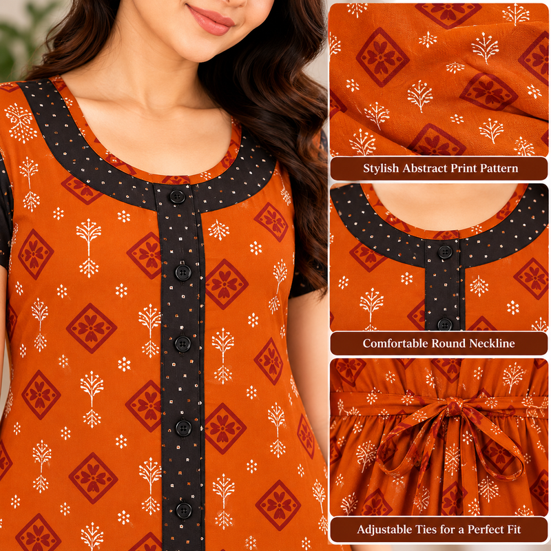 Yoga Cotton Full Open Nighty for Women – Rust Orange Printed