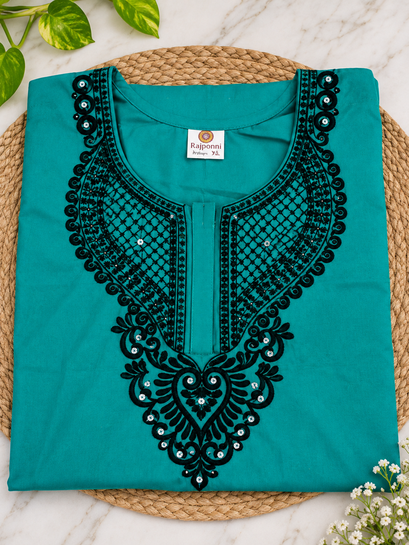 Women’s Teal Cotton Nighty with Embroidered Neckline & Sequin Work