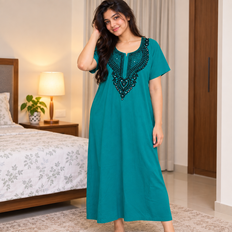 Women’s Teal Cotton Nighty with Embroidered Neckline & Sequin Work