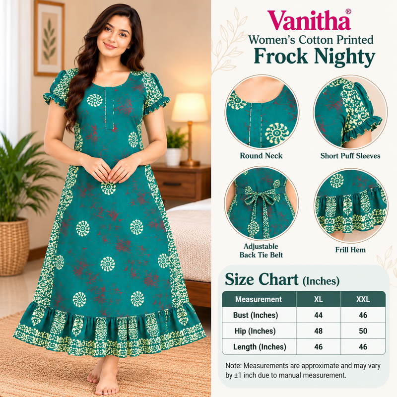 Vanitha Women's Teal Green Floral Printed Cotton Frock Nighty