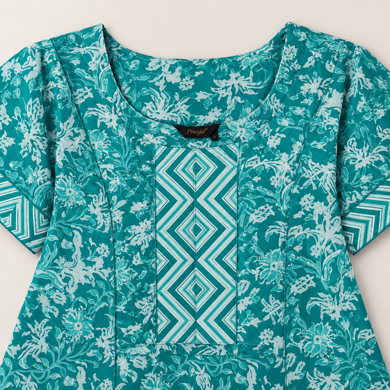 Pranjul 1804 Teal Floral Printed Cotton Nighty for Women