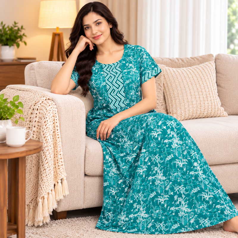 Pranjul 1804 Teal Floral Printed Cotton Nighty for Women