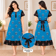 Women's blue floral cotton frock nighty with black contrast sleeves and printed frill hem-Back View