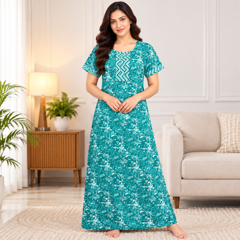 Pranjul 1804 Teal Floral Printed Cotton Nighty for Women