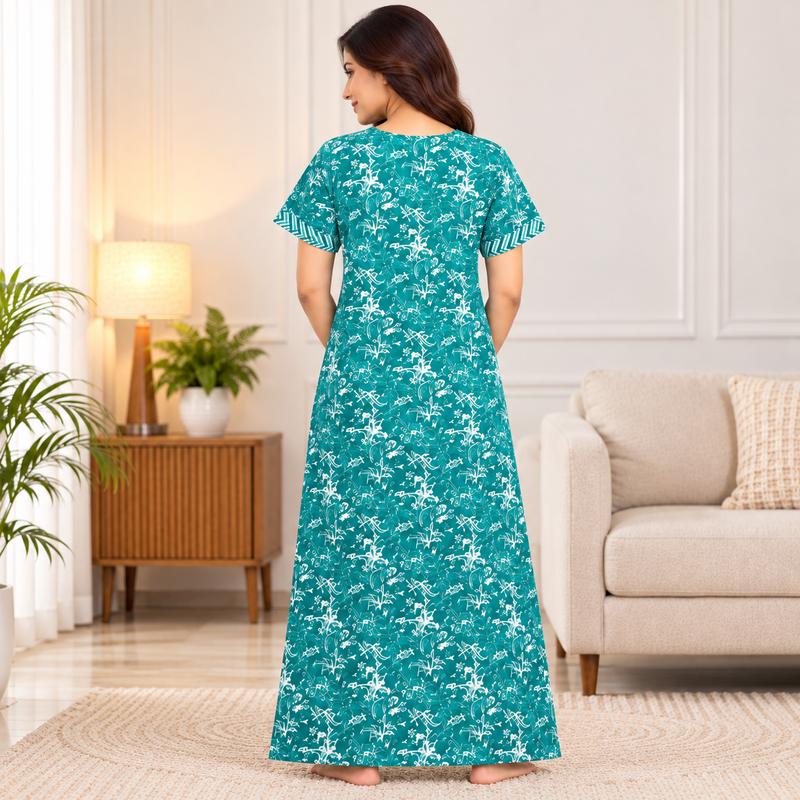 Pranjul 1804 Teal Floral Printed Cotton Nighty for Women
