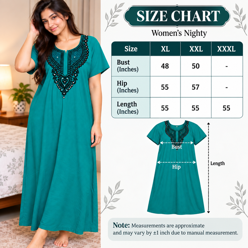 Women’s Teal Cotton Nighty with Embroidered Neckline & Sequin Work