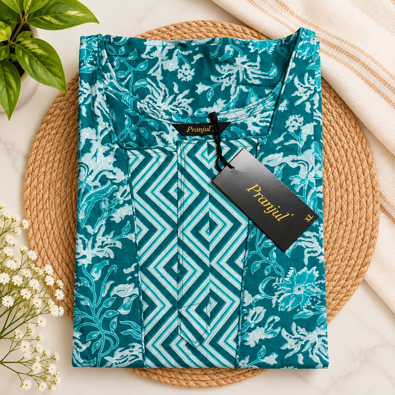 Pranjul 1804 Teal Floral Printed Cotton Nighty for Women
