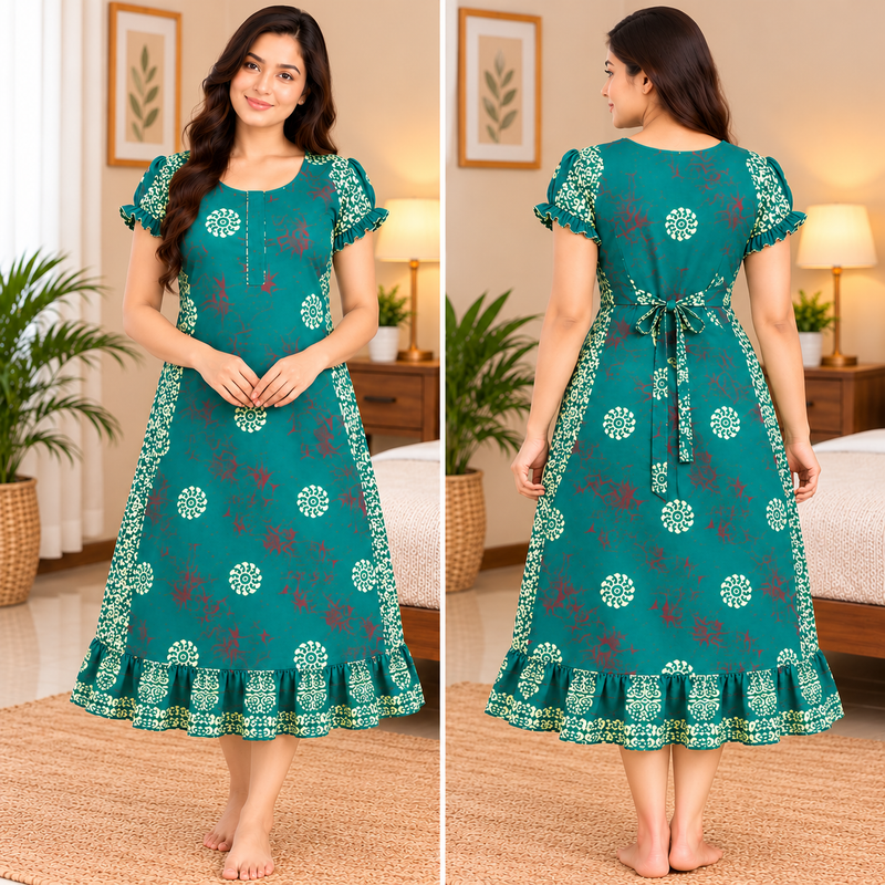 Vanitha Women's Teal Green Floral Printed Cotton Frock Nighty