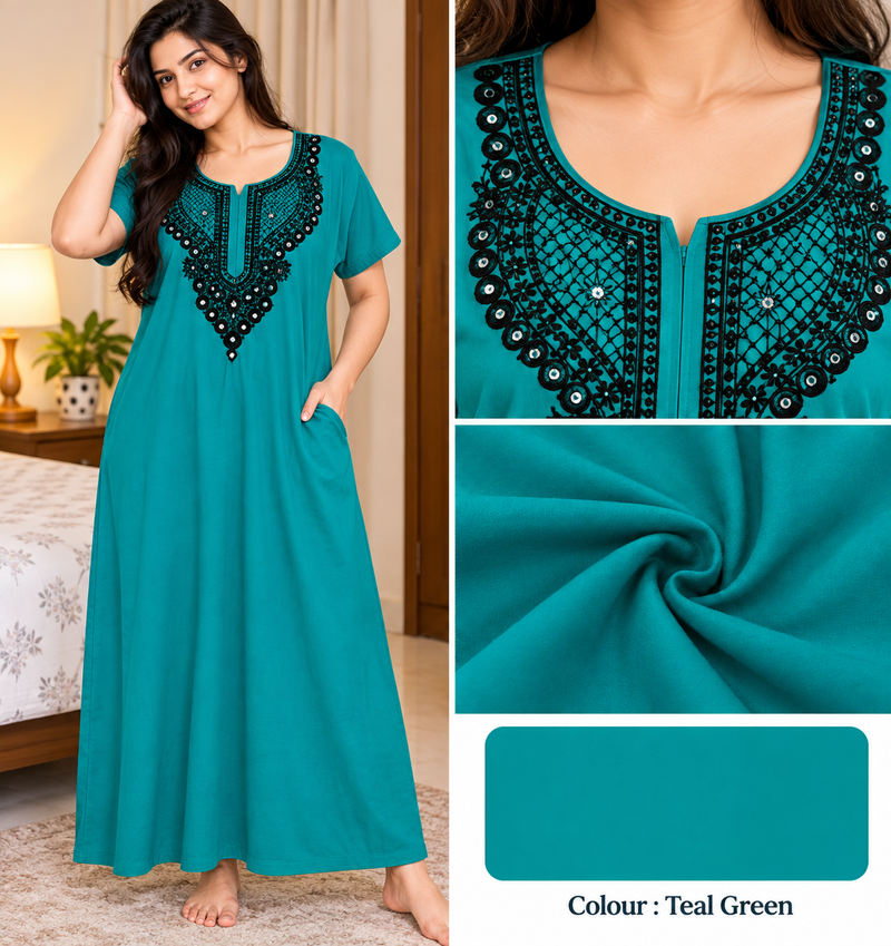 Women’s Teal Cotton Nighty with Embroidered Neckline & Sequin Work