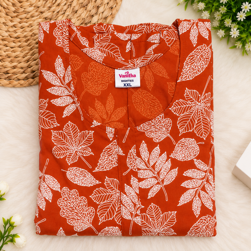 Vanitha Women's Cotton Floral Printed Frock Nighty – Rust Orange