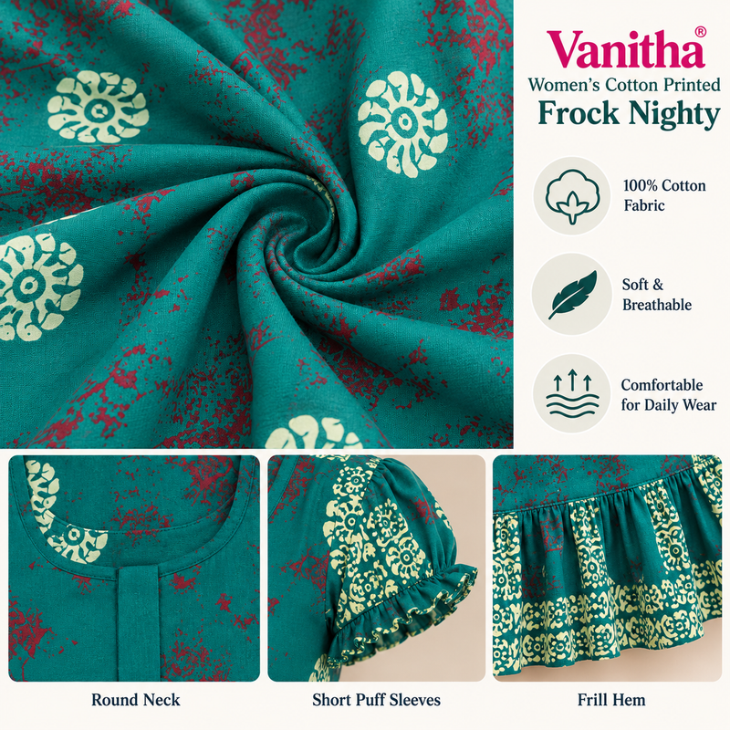 Vanitha Women's Teal Green Floral Printed Cotton Frock Nighty