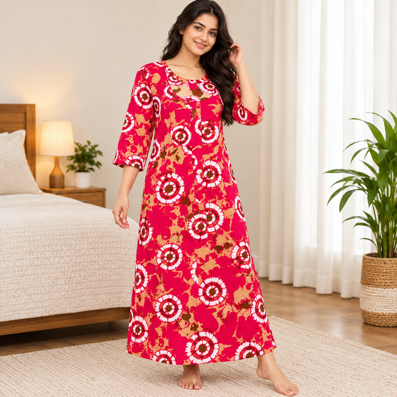 Yoga women's magenta red cotton nighty with white brown and beige circular print