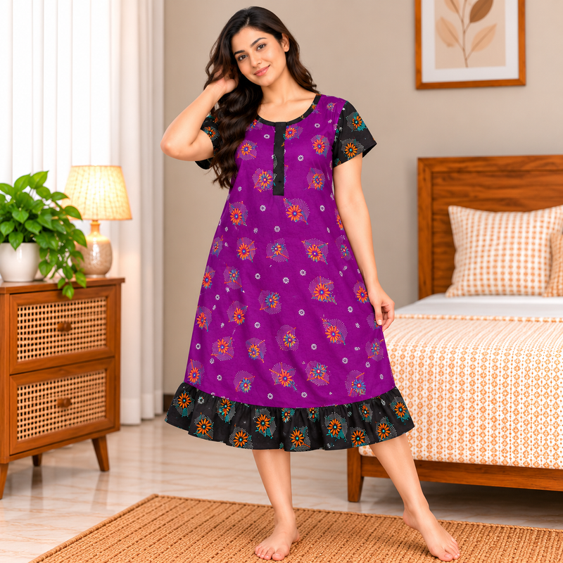 Veni’s Purple Floral Cotton Frock Nighty for Women with Zip