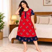 Veni’s Red Floral Cotton Frock Nighty for Women-Front View