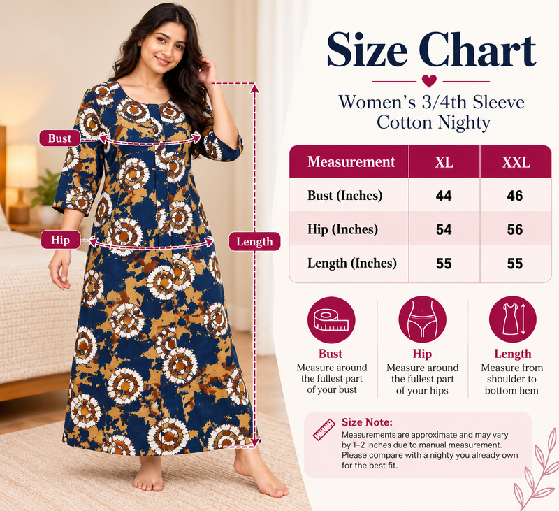 Yoga Women's 3/4 Sleeve Cotton Nighty – Navy Blue Printed Nightgown