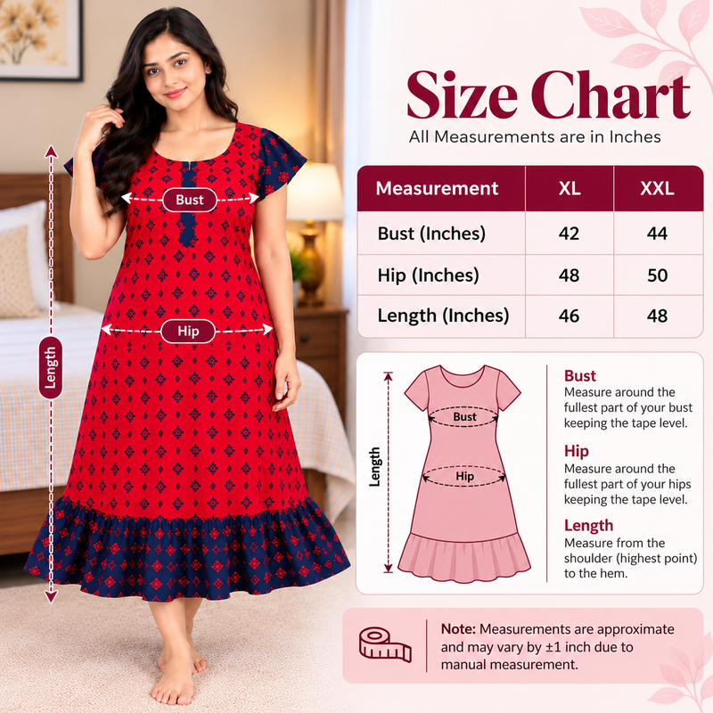 Luxmi Red & Navy Printed Mid-Length Frock Nighty for Women