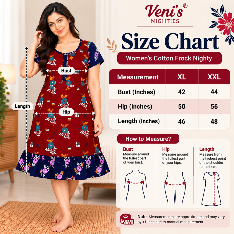 Veni’s Dark Red Floral Printed Cotton Frock Nighty with Front Zip