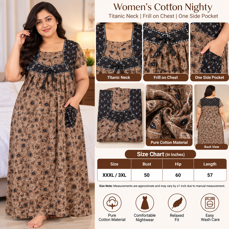 Women’s 3XL Floral Printed Frock Nighty with Titanic Neck – Full Length Nightwear