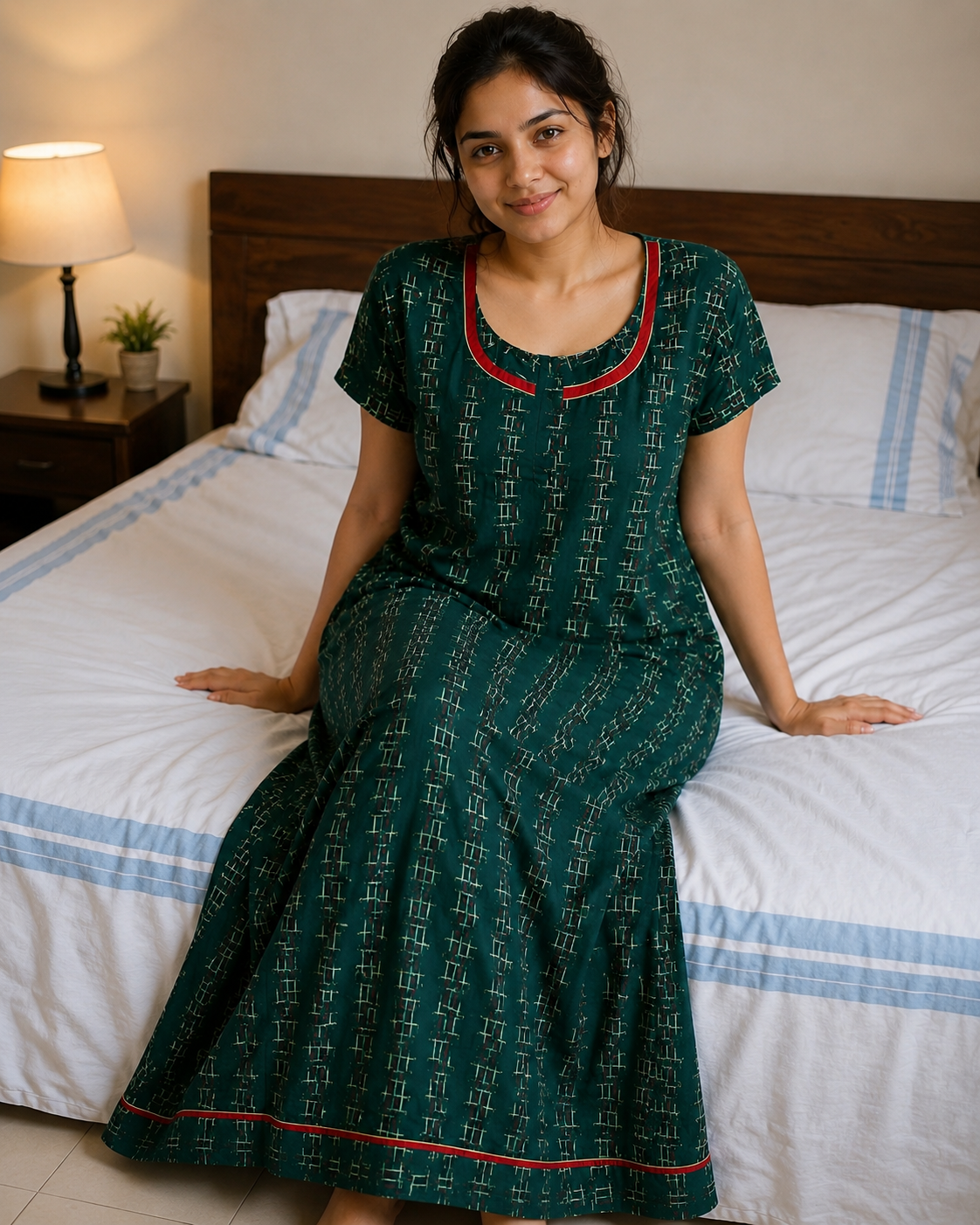Dark Green Geometric Pattern Nighty 2XL Onezeros.in