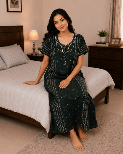 Dark Green Quilt Gold Embroidery Pattern Nighty for Women XL Onezeros.in