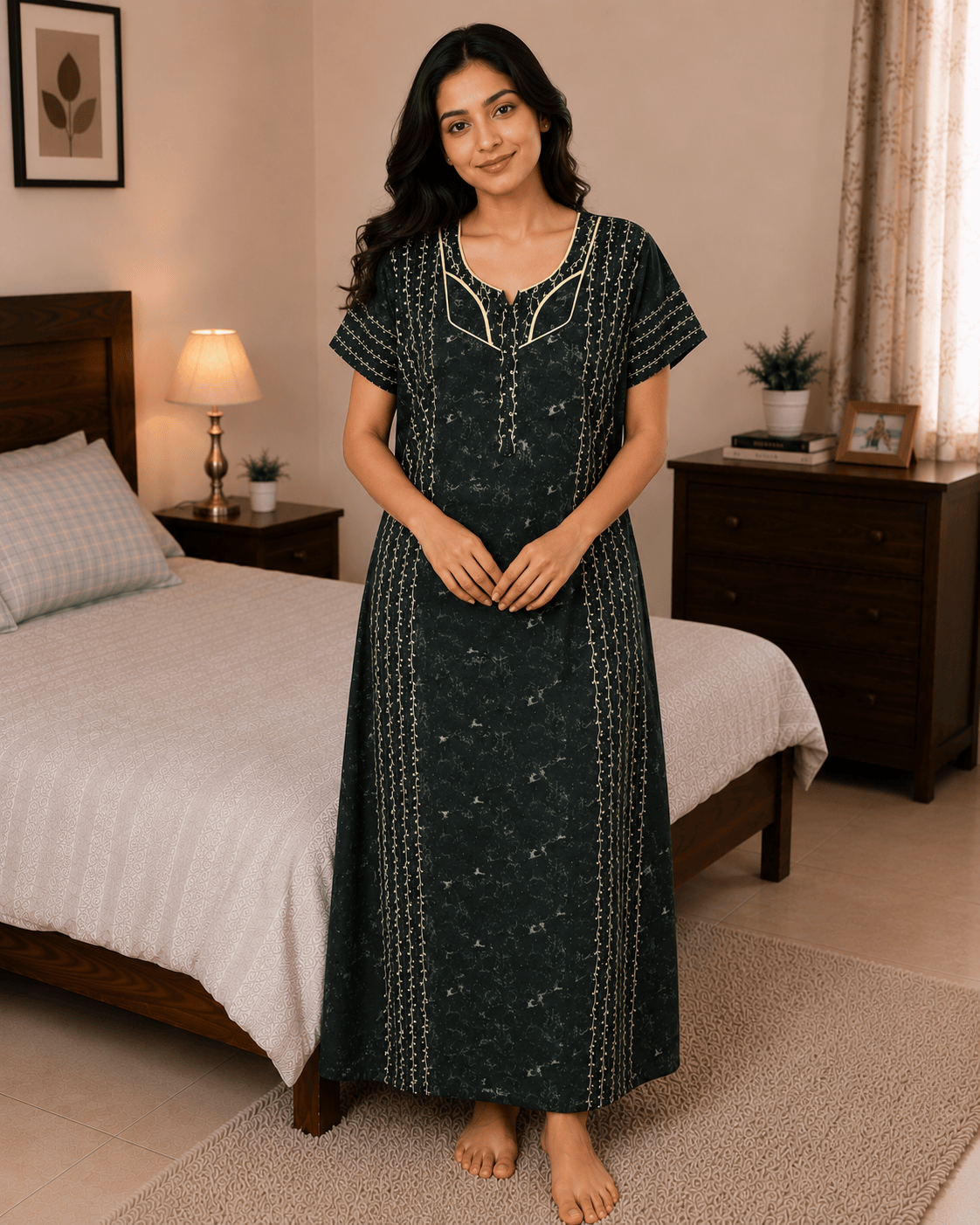 Dark Green Quilt Gold Embroidery Pattern Nighty for Women XL Onezeros.in